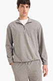 Boxy Fit Dik Yaka Fermuarlı Kadife Sweatshirt