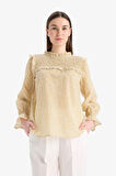 Regular Fit Desenli Fırfır Yaka Vual Uzun Kollu Bluz Tunik