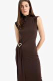 DeFacto Bodycon Vücudu Saran Balikçı Yaka Basic Düz Tokalı Kolsuz Midi Abiye Elbise E8947AX25SPBN207