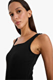 DeFacto Bodycon Vücudu Saran Kare Yaka Basic Düz Fitilli Kaşkorse Askılı Midi Siyah Yazlık Elbise Z7577AZ25SMBK81