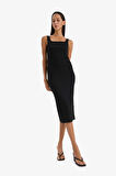 DeFacto Bodycon Vücudu Saran Kare Yaka Basic Düz Fitilli Kaşkorse Askılı Midi Siyah Yazlık Elbise Z7577AZ25SMBK81