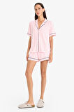 Regular Fit Pijama Takımı Çizgili Kısa Kollu Pijama Üstü Esnek Şort Pijama Altı-Fall in Love