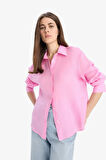 Oversize Geniş Kalıp Basic Düz Pembe Keten Uzun Kollu Gömlek