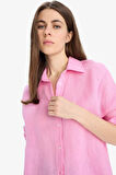Oversize Geniş Kalıp Basic Düz Pembe Keten Uzun Kollu Gömlek