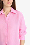 Oversize Geniş Kalıp Basic Düz Pembe Keten Uzun Kollu Gömlek