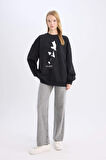 DeFacto Oversize Geniş Kalıp Bisiklet Yaka Atatürk Baskılı Sweatshirt E5445AX24WNBK81
