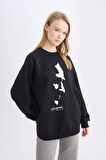 DeFacto Oversize Geniş Kalıp Bisiklet Yaka Atatürk Baskılı Sweatshirt E5445AX24WNBK81