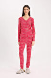 DeFacto Fall in Love Pijama Takımı Waffle Kumaş Uzun Kollu Üst Esnek Belli Uzun Alt D2284AX24WNRD59
