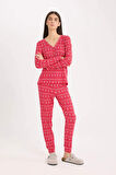 DeFacto Fall in Love Pijama Takımı Waffle Kumaş Uzun Kollu Üst Esnek Belli Uzun Alt D2284AX24WNRD59