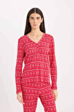DeFacto Fall in Love Pijama Takımı Waffle Kumaş Uzun Kollu Üst Esnek Belli Uzun Alt D2284AX24WNRD59