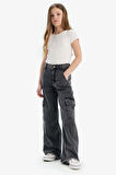 Kız Çocuk Wide Leg Kargo Geniş Bol Paça Pamuklu Jean Pantolon