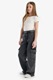 Kız Çocuk Wide Leg Kargo Geniş Bol Paça Pamuklu Jean Pantolon