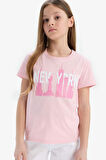 Kız Çocuk Bisiklet Yaka Baskılı Kısa Kollu Tişört