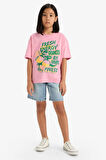 Kız Çocuk Oversize Geniş Kalıp Bisiklet Yaka Kısa Kollu Tişört