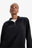 DeFactoFit Oversize Geniş Kalıp Yarım Fermuarlı Dik Yaka Modal Sporcu Sweatshirt D7126AX25SPBK81