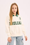 Kız Çocuk Oversize Geniş Kalıp Polo Yaka Baskılı İçi Yumuşak Tüylü Sweatshirt