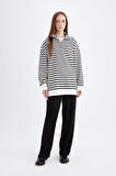 DeFacto Relax Fit Dik Yaka Fermuarlı Çizgili İçi Yumuşak Tüylü Kalın Sweatshirt Tunik E0840AX24WNBK81