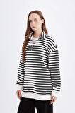 DeFacto Relax Fit Dik Yaka Fermuarlı Çizgili İçi Yumuşak Tüylü Kalın Sweatshirt Tunik E0840AX24WNBK81