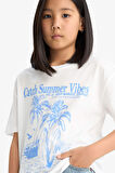 DeFacto Kız Çocuk Relax Fit Palmiye Baskılı Bisiklet Yaka Kısa Kollu Tişört E0390A825SMWT34