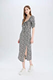 Bodycon Vücudu Saran Kare Yaka Floral Bürümcük Yarım Kol Midi Elbise