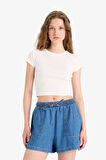 DeFacto Yüksek Bel Esnek Belli Bağcıklı Yumuşak Jean Şort E0958AX25SMNM28