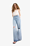 Wide Leg Yırtık Detaylı Yüksek Bel Geniş Paça Uzun Jean Pantolon