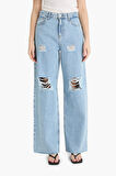 90's Wide Leg Yırtık Detaylı Yüksek Bel Geniş Paça Uzun Jean Pantolon