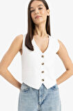 V Yaka Keten Karışımlı Beyaz Blazer Yelek