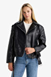Oversize Geniş Kalıp Fermuarlı Suni Deri Ceket Mont
