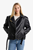 Oversize Geniş Kalıp Fermuarlı Suni Deri Ceket Mont