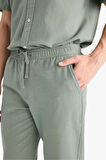 %100 Pamuk Slim Fit Beli Lastikli Keten Görünümlü Cepli Düz Paça Jogger Pantolon