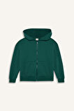 Kız Çocuk Kapüşonlu Basic Düz Cepli Fermuarlı Sweatshirt