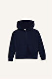 Kız Çocuk Kapüşonlu Basic Düz Cepli Fermuarlı Sweatshirt