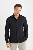 DeFacto Modern Fit Polo Yaka Dokuma Uzun Kollu Siyah Gömlek D7246AX25SPBK27