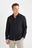 DeFacto Modern Fit Polo Yaka Dokuma Uzun Kollu Siyah Gömlek D7246AX25SPBK27