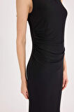 Bodycon Vücudu Saran Yuvarlak Yaka Basic Düz Tül Kolsuz Midi Elbise