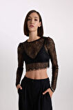 Yılbaşı Temalı Crop Yuvarlak Yaka Dantel Uzun Kollu Bluz