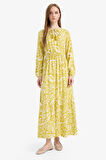 Bisiklet Yaka Desenli Viskon Uzun Kollu Maxi Elbise