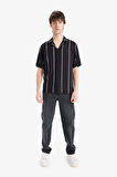 Regular Fit Apaş Yaka Çizgili Kısa Kollu Gömlek