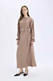 Regular Fit Pilise Uzun Kollu Maxi Elbise