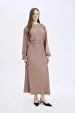 Regular Fit Pilise Uzun Kollu Maxi Elbise