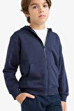 Erkek Çocuk Basic Düz Kapüşonlu Fermuarlı Sweatshirt