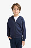 Erkek Çocuk Basic Düz Kapüşonlu Fermuarlı Sweatshirt
