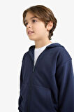 Erkek Çocuk Basic Düz Kapüşonlu Fermuarlı Sweatshirt