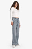 Straight Wide Yüksek Bel Uzun Jean Yıkamalı Pantolon