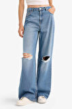 Wide Leg Yırtık Detaylı Yüksek Bel Uzun Jean Yıkamalı Pantolon