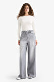 Wide Leg Yüksek Bel Uzun Jean Yıkamalı Pantolon