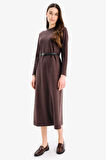Regular Fit Bisiklet Yaka Uzun Kollu Kemerli Selanik Kumaş Maxi Elbise