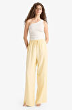 Keten Karışımlı Pantolon Wide Leg Geniş Bol Paça Üç Cepli Normal Bel Basic Düz Standart Boy	