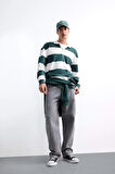 Defacto F0857 Yeşil Boxy Fit Rahat Kesim Polo Yaka Düğmeli Çizgili Sweatshirt